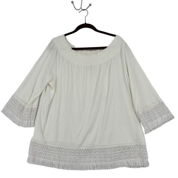 Chico's Stretch Knit Blouse Top Boat Neck Crochet Fringe Lace Trim White Size L - Picture 1 of 11